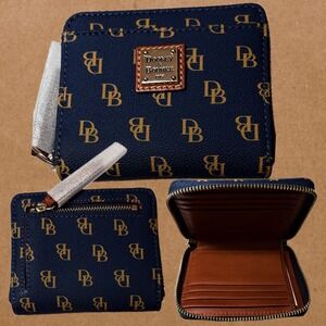 Dooney & Bourke Navy Blue Signature Logo Gretta Style Small Zip Around Wallet